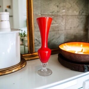 Pinkish red Murano glass goblet vase from the 80s - Italian glass red long vase